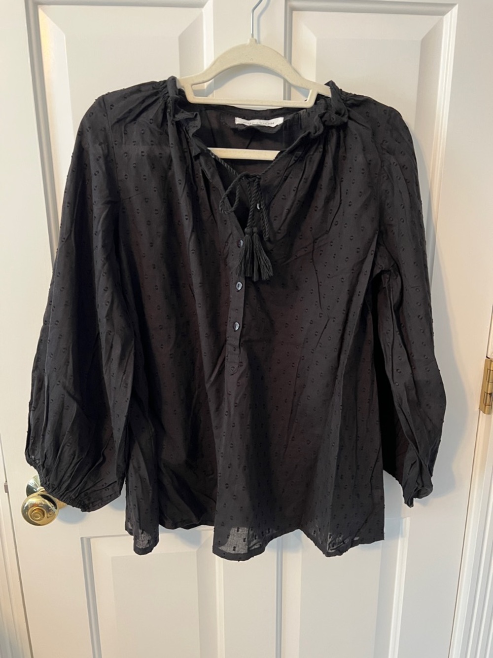 Emerson Fry Black Dot-Textured Peasant Top with Tassel Tie